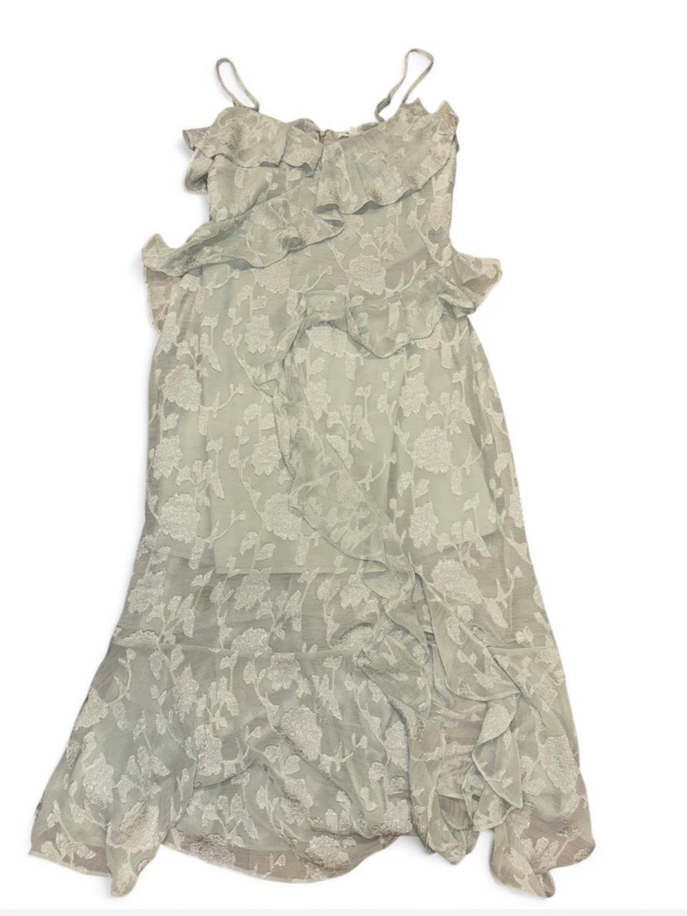 Boutique Sage Ruffle Floral Maxi Dress with Delicate Lace Overlay